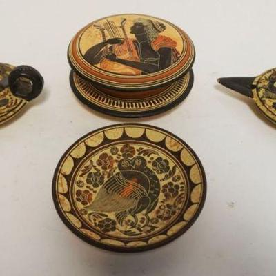 1170	REPRODUCTION ACIENT GREECE POTTERY, OIL LAMPS, SMALL BOWL & COVERED BOX, BOX APPROXIMATELY 5 1/2 IN X 2 1/4 IN HIGH
