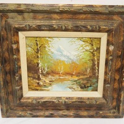 1093	OIL PAINTING ON CANVAS ARTIST SIGNED LANDSCAPE, STREAM IN FOREST MOUNTAIN SIDE, APPROXIMATELY 18 IN X 16 IN OVERALL
