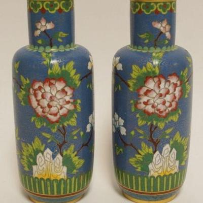 1012	PAIR OF CLOISONNE ENAMELED VASES W/IMAGES OF FLOWERS ON BRANCHES, EACH APPROXIMATELY 8 1/2 IN HIGH
