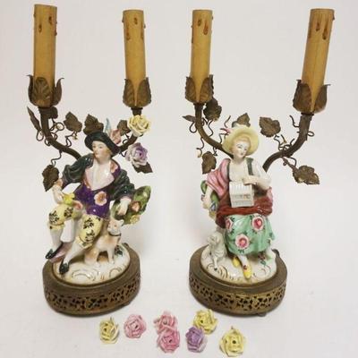 1070	PAIR OF PORCELAIN FIGURAL LAMPS ON METAL BASES, IMAGE OF MAN & WOMAN SEATED W/DOG & LAMB, LOOSE FLOWERS W/SOME LOSS,...