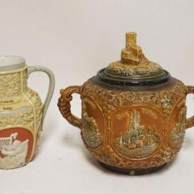 1210	GROUP OF ASSORTED VINTAGE GERMAN STONEWARE INCLUDING STEIN, PITCHER, DISPENSERS, ETC, LARGEST APPROXIMATELY 11 1/2 IN HIGH
