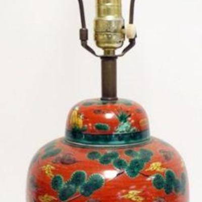 1028	ASIAN PORCELAIN TABLE LAMP W/IMAGES OF PEOPLE ALL AROUND, APPROXIMATELY 29 IN HIGH OVERALL
