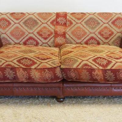 1121	ROCHE BUBOIS SOFA, UPHOLSTERED CUSHIONS W/BROWN LEATHER ARMS & BASE HAVING BRASS TACK ACCENTS, APPROXIMATELY 85 IN X 44 IN X 33...