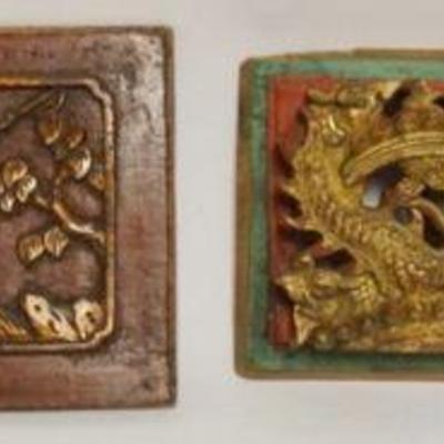 1218	2 ANTIQUE ASIAN WOOD CARVINGS, RED LACQUERED W/GILT ACCENT, ONE ANNOTATED PROVENANCE DATED 1910, LARGEST APPROXIMATELY 7 IN X 14 IN
