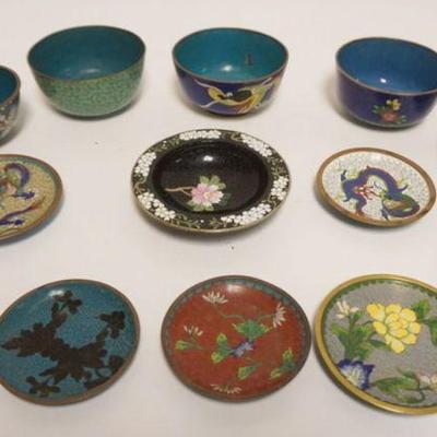 1019	GROUP OF ASSORTED CLOISONNE ENAMELED BOWLS & SMALL PLATES, LARGEST BOWL APPROXIMATELY 4 1/4 IN X 2 IN HIGH
