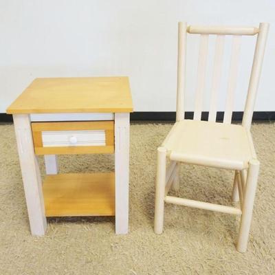 1112	PINE ONE DRAWER STAND W/SIDE CHAIR, STAND APPROXIMATELY 20 IN X 20 IN X 26 IN HIGH

