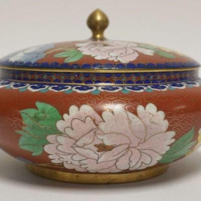 1004	CLOISONNE ENAMELED COVERED BOWL W/IMAGES OF BLUE BIRD & FLOWERS ALL AROUND, APPROXIMATELY 8 IN X 6 IN HIGH

