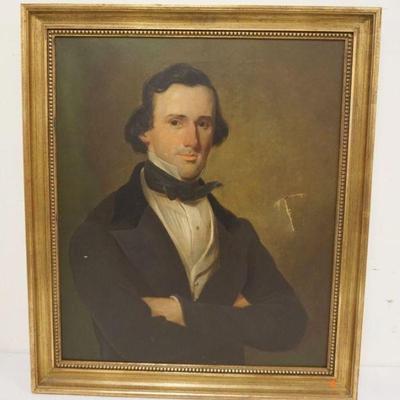 1075	ANTIQUE ANCESTOR PORTRAIT PAINTING, TEAR TO CANVAS, APPROXIMATELY 29 1/2 IN X 34 1/4 IN
