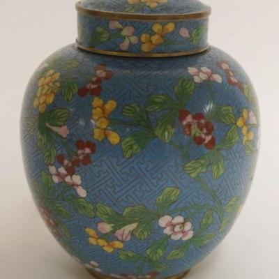 1009	CLOISONNE ENAMELED COVERED URN W/IMAGES OF FLOWERS ON BRANCHES, APPROXIMATELY 8 IN HIGH
