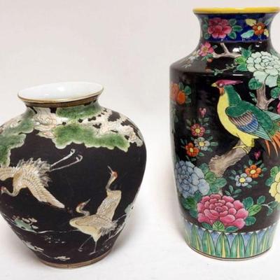 1233	2 ASIAN PORCELAIN VASES WITH IMAGES OF BIRDS AND TREE, TALLEST APPROXIMATELY 12 IN H, HOLE AT BASE
