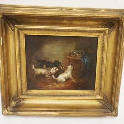 1076	FRAMED PAINTING DOGS BARKING AT MICE IN CAGE, APPROXIMATELY 15 IN X 17 IN OVERALL
