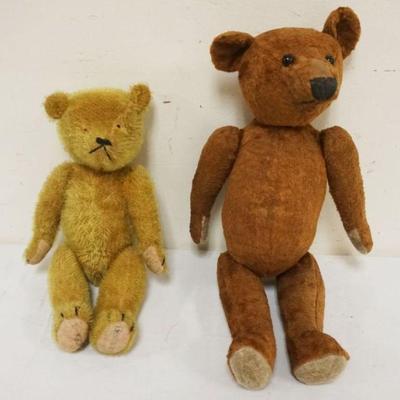 1266	VINTAGE TOY TEDDY BEARS, MOVABLE ARMS & HEAD, GLASS EYES, ONE MISSING EYES, TALLEST APPROXIMATELY 15 IN
