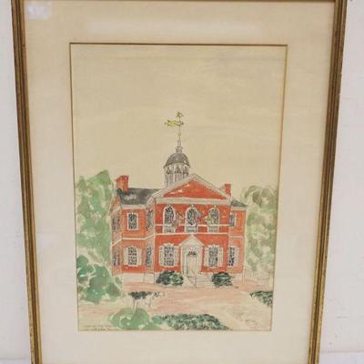 1088	ARTIST SIGNED & DATED WATERCOLOR ELIZABETH VACHER BOORAEM OF CARPENTERS HALL PHILADELPHIA PA, FRAMED, APPROXIMATELY 17 1/4 IN X...
