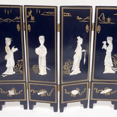 1229	4 PART MINIATURE ASIAN FOLDING SCREEN WITH INSET MOTHER OF PEARL IMAGES, SCREEN APPROXIMATELY 14 IN X 11 IN
