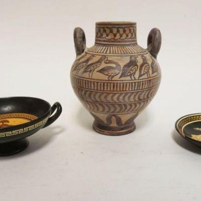 1172	REPRODUCTION ACIENT GREECE POTTERY, MUSEUM COPY VASE, DOUBLE HANDLED COMPOTE & DISH, VASE APPROXIMATELY 6 IN HIGH
