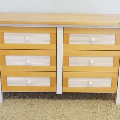 1111	PINE 6 DRAWER CHEST W/REEDED COLUMNS & IVORY COLORED DRAWER FRONTS, APPROXIMATELY 19 1/2 IN X 50 IN X 30 IN HIGH

