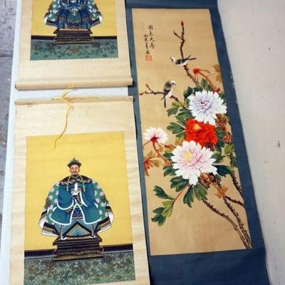 1227	3 ASIAN SCROLLS, SOME TEARS TO LARGER ONES EDGES, LARGEST APPROXIMATELY 49 IN X 15 IN
