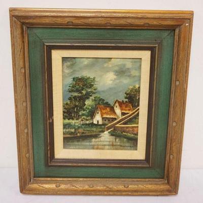 1094	OIL PAINTING ON BOARD COTTAGE ON LAKE SIDE, ARTIST SIGNED, APPROXIMATELY 16 IN X 18 IN OVERALL
