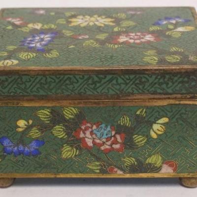 1056	CLOISONNE HINGED TRINKET/DRESSER BOX W/IMAGES OF FLOWERS ON BRANCHES ALL AROUND, APPROXIMATELY 3 1/2 IN X 4 1/2 IN X 3 IN
