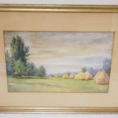 1085	WATERCOLOR PAINTING OF FIELD, FRAMED & ARTIST SIGNED, APPROXIMATELY 18 1/2 IN X 25 IN OVERALL
