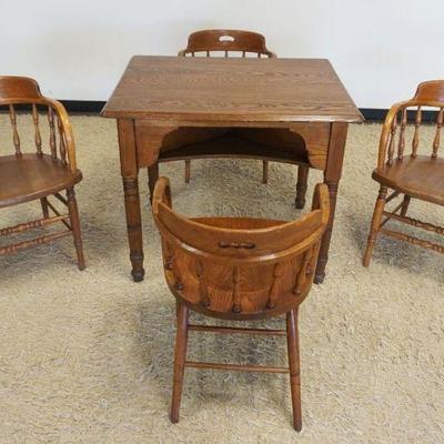 1127	OAK GAME TABLE W/4 BENTWOOD TURN SPINDLE BARREL BACK CHAIRS, TABLE APPROXIMATELY 29 IN X 37 IN X 31 IN HIGH
