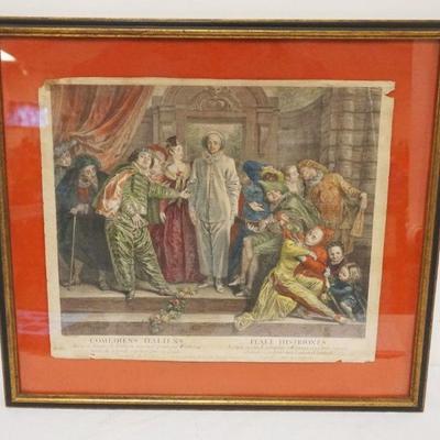 Sale Photo Thumbnail #79: 1079	FRAMED COLORED ENGRAVING ITALIAN COMEDIANS, SOME TEARS, APPROXIMATELY 22 1/2 IN X 20 1/2 IN
