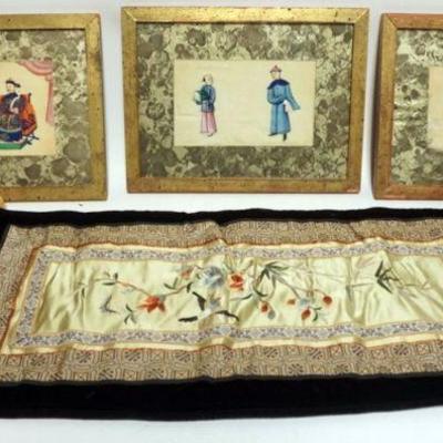 1219	3 FRAMED ASIAN PAINTED SILK IMAGES & EMBRODERED SILK, FRAMES APPROXIMATELY 12 1/2 IN X 10 IN OVERALL
