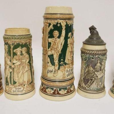 1209	GROUP OF 5 VINTAGE GERMAN STEINS/MUGS, ONE MISSING PEWTER TOP, TALLEST APPROXIMATELY 11 1/2 IN
