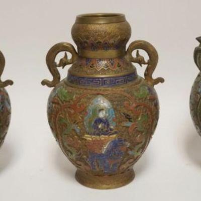 1025	3 ASIAN BRONZE ENAMELED VASES INCLUDING ONE PAIR, APPROXIMATELY 10 IN HIGH
