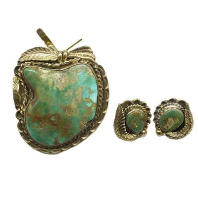 NAVAJO ROYSTON TURQUOISE LARGE PENDANT & EARRINGS
