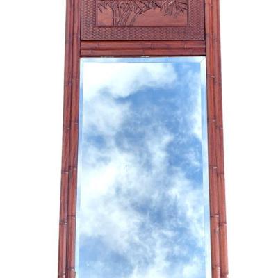 VINTAGE CARVED ASIAN ROSEWOOD BEVELED MIRROR