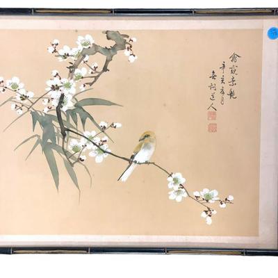 VINTAGE CHINESE SPARROW & BLOSSOMS ORIGINAL WATERCOLOR