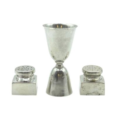 3 PC STERLING JIGGER + SALT & PEPPER