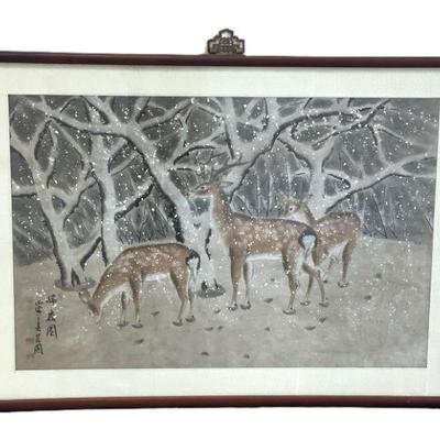 ORIGINAL JAPANESE PAINTING DEER IN SNOW