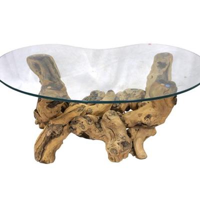 DRIFTWOOD GLASS TOP COFFEE TABLE