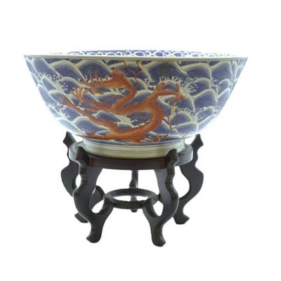 LARGE VINTAGE CHINESE DRAGON AND WAVES BOWL