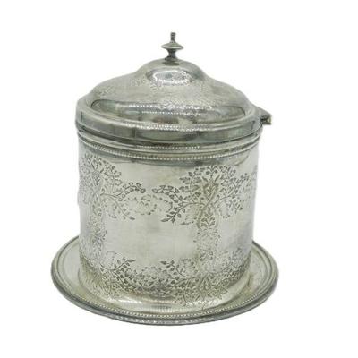 ANTIQUE ENGLISH SILVER PLATE BISCUIT BARREL