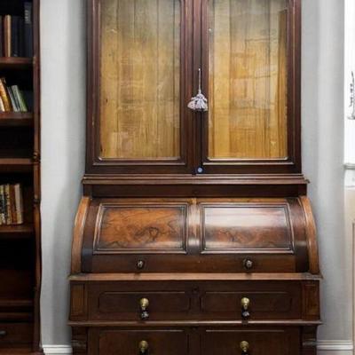 ANTIQUE TALL CYLINDER SECRETARY BOOKCASE WALNUT
