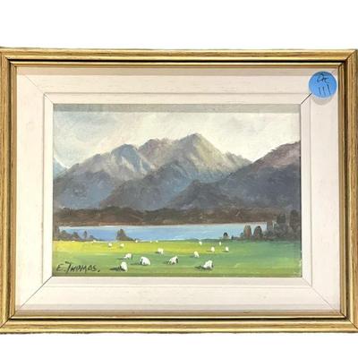 E.J. THOMAS OIL ON BOARD GRAZING SHEEP LAKE TE ANAU