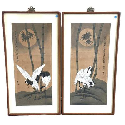 PAIR OF FINE JAPANESE AUSPICIOUS CRANES PAINTINGS