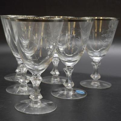 6 PRINCESS ROSE PLATINUM RIM TIFFIN FRANCISCAN GOBLETS