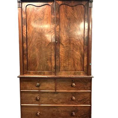 19th c FLAME MAHOGANY LINEN PRESS REGENCY