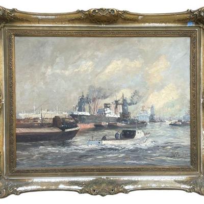 ANTIQUE CONTINENTAL MARITIME OIL ON CANVAS