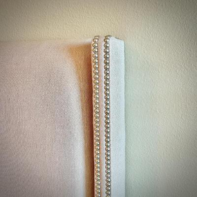 Stearns & Foster upholstered king bed with nailhead trim, and Stearns & Foster king mattress and box spring