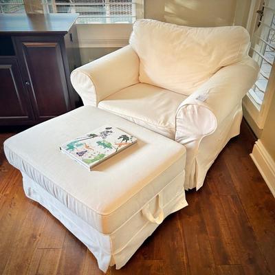 Pottery Barn off-white slip-covered armchair and storage ottoman
