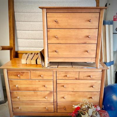 Wood bedroom suite - dresser, nightstand. Thuma bedframe with Helix mattress.