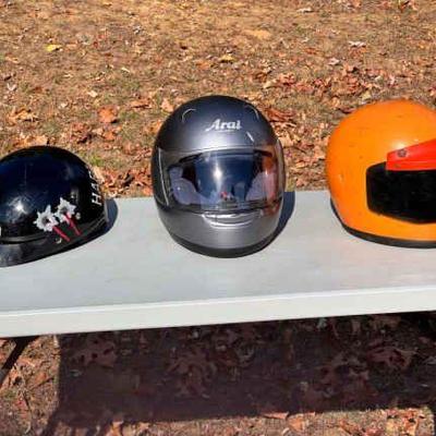 (3) Motorcycle Helmets
Harley Davidson helmet is size - XL. Has a missing screw for the front visor as seen in photos. 
