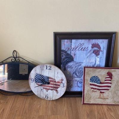Lot 122 | Rooster Prints, Mirror & USA Clock

