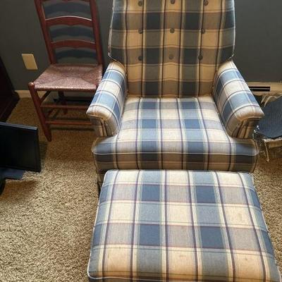 Lot 25 | Wooden Woven Rope Chair & Plaid Chair With Ottoman
