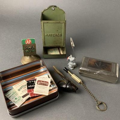 Lot 5 | Antique Match Holders, Smoking Items, Box & More!
